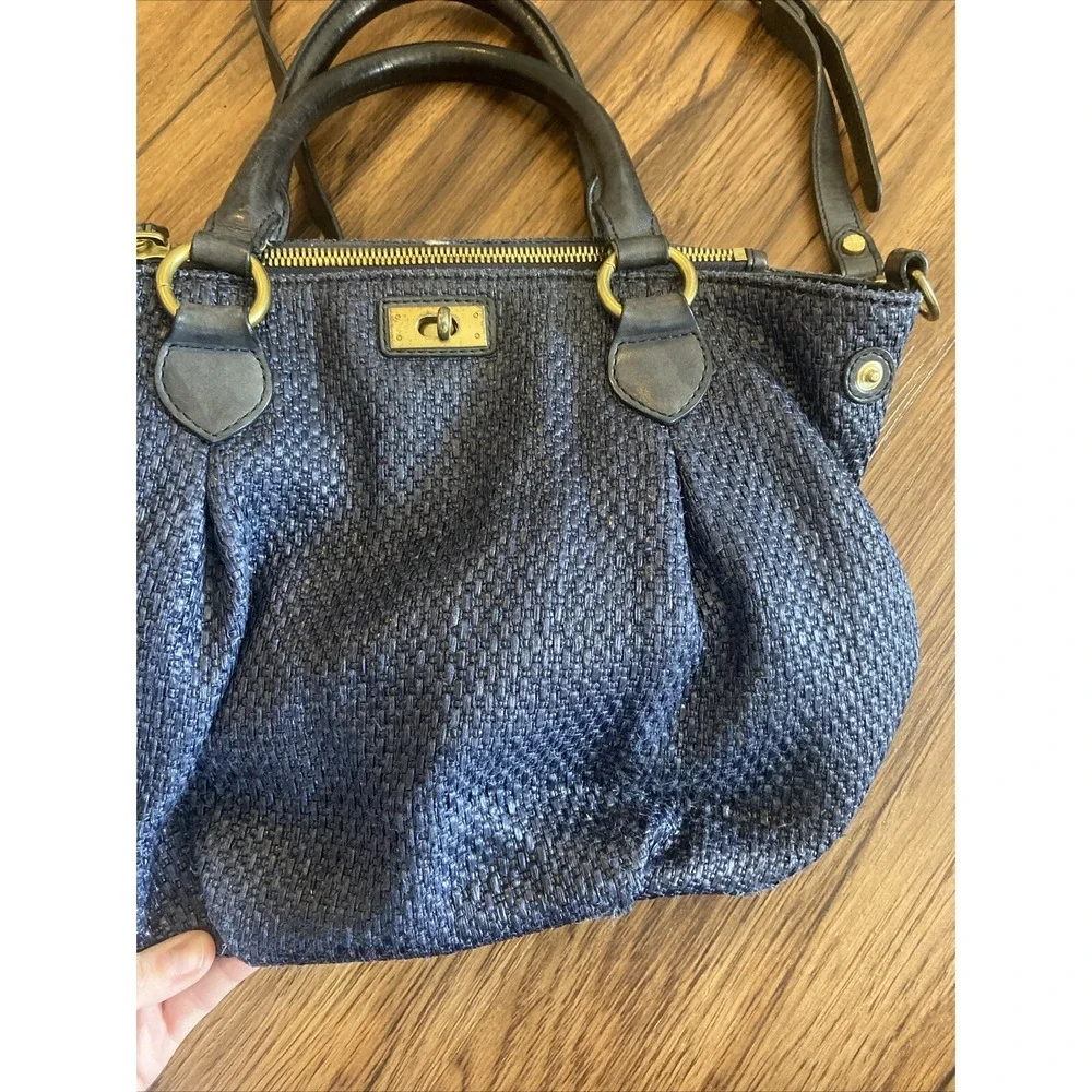 J.CREW Midnight Blue Woven Nylon Leather Trim Turnlock Satchel Shoulder Bag READ